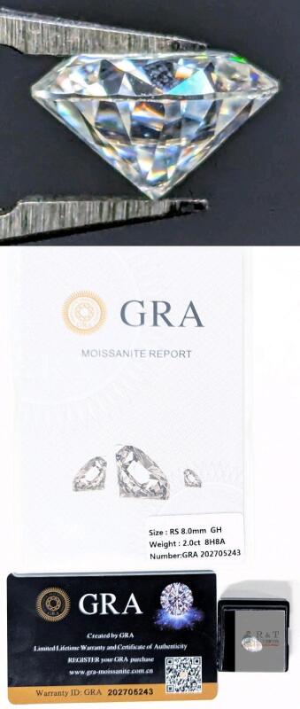 NEW 2.0ct Moissanite Lab Diamond, Round Brilliant Cut - GH - VVS1, GRA Report, Tests Positive with a Diamond Tester (More Brilliant Than a Diamond)