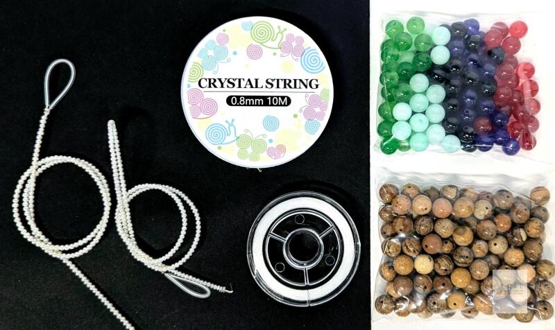 2 New Packs of 100 8mm Polished Natural Stone Beads, Crystal Heading Strings & 2 Strands of Tiny Faux Pearls