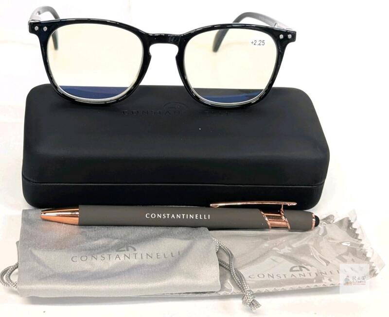 New CONSTANTINELLI +2.25 Reading Glasses | 50 22 +2.25 PD=62 NELSON 09 | With 2 Branded Cleaning Cloths, Pen, Soft Pouch & Hard Case l, Likely Some Blue-Light Blocking (Slight Yellow Hue To Lenses)