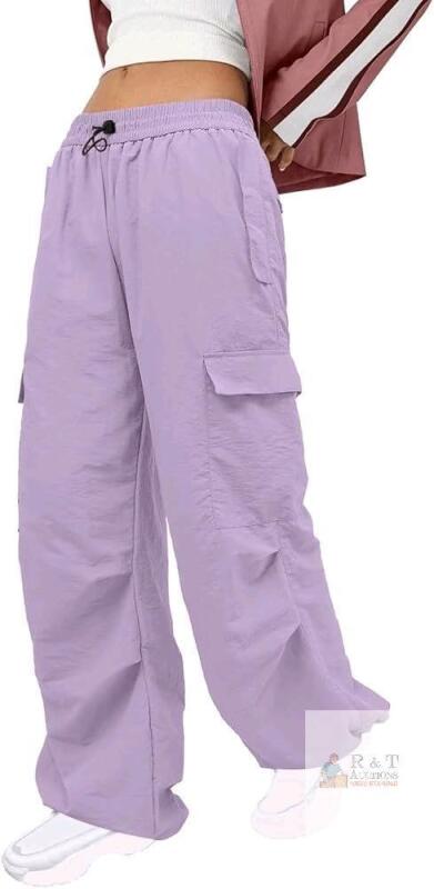 New Size MED Women's KissModa Parachute Pant Cargo-Style Lightweight Joggers - Light Purple