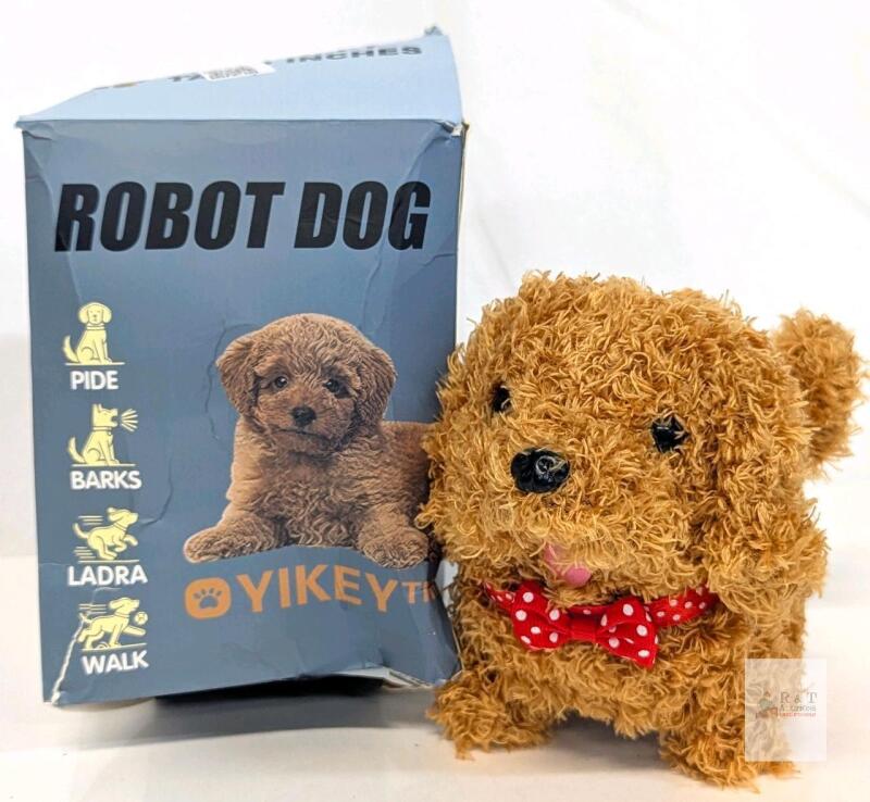 New Yikey Robot Dog Plush 7"- Interactive Walks Barks Wags Tail Brown with Bow Tie - box damaged product excellent