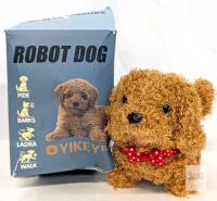 New Yikey Robot Dog Plush 7"- Interactive Walks Barks Wags Tail Brown with Bow Tie - box damaged product excellent