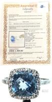 WOW!! Size 8 - 10K White Gold Ring Genuine Blue Topaz 4.38 Carats, 2&times; 0.015 Carats Genuine Diamonds, Cushion + Round Shape Prong Setting With Appraisal of $1,400 USD ($1,934.86 CAD)