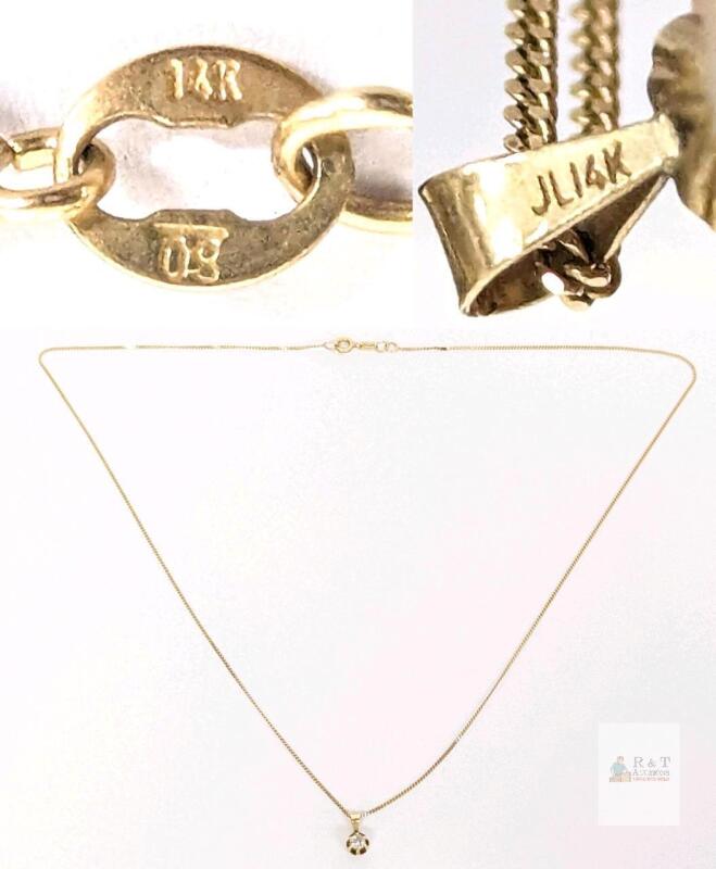 Stamped 14K Gold Chain with Stamped JL 14K Tested Diamond Pendant, Chain 17" Long, 1.6g Total Weight
