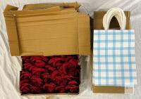 Larksilk Burgundy Artificial Silk Rose Stems (50pcs) + 24 Blue Gingham Paper Gift Bags, New