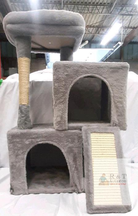 Three-Level Gray Cat Tree Condo with Two Hideaways, Scratching Posts, Ramp, and Top Perch 29" very light use