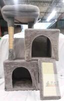 Three-Level Gray Cat Tree Condo with Two Hideaways, Scratching Posts, Ramp, and Top Perch 29" very light use