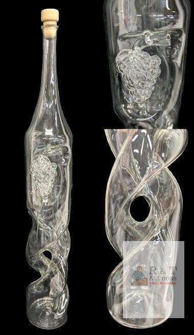 Very Large 20.25" Tall Hungarian Handblown Decanter, Twisted Body With Pass-Through Hole & 3D Grape Cluster, No Chips or Cracks