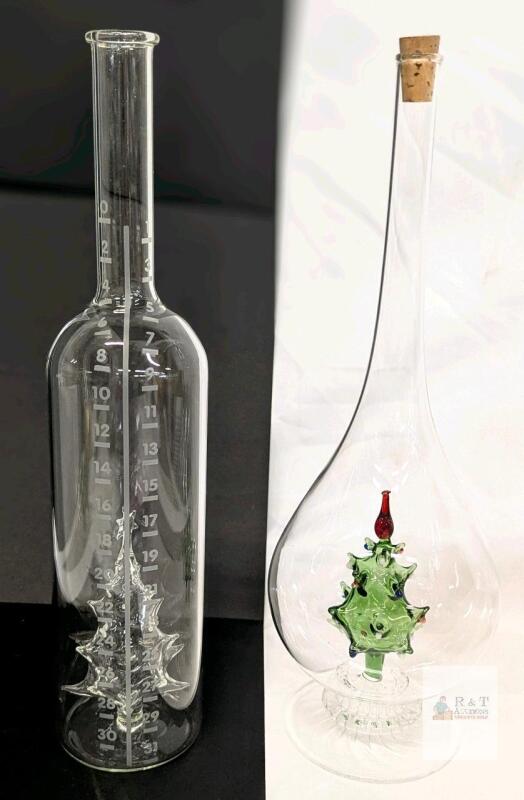 Pair of Handblown Hungarian Glass Carafes With 3D Christmas Trees Inside, 11.5", No Chips or Cracks