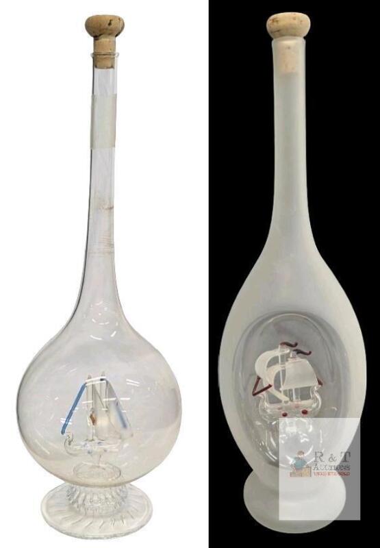 2 Handblown Hungarian Glass Decanters/ Bottles With Viking-Style Ships : Frosted Glass Bottle With Ship Inside Divot & Ship Formed Within Decanter Itself, 11.5" Tall, No Chips or Cracks