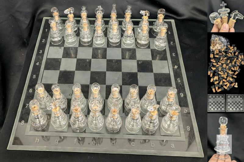 WOW! 3 Hungarian Handblown Glass Mini Bottle Chess Games, At Least 1 Set Complete, 80+ 2.7" Bottles & Many Multiple Glass-Topped Corks & Extra Corks, Boards 17.75" &times; 17.75"