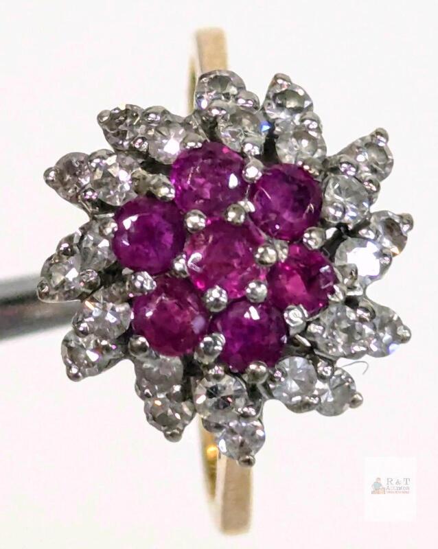 Vintage Stamped 14K Gold Ruby & Tested Diamond Clustee Ring, Size 4, 2.4g