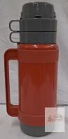 Red 1 Quart Insulated Thermos Bottle with Handle, Dual Gray Stackable Cups, Screw-Top Stopper