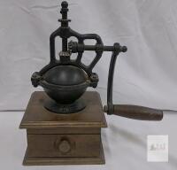 Antique Cast Iron & Wood Manual Coffee Grinder with Drawer, Early 1900s Style, Hand Crank Mill