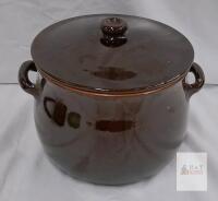 Large Glazed Ceramic Bean Pot Crock with Lid, Brown, 2-3 Gallon, Dual Handles