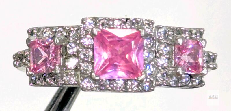 Stamped 925 Sterling Silver Pink Square CZ Cubic Zirconia Ring, Size 8, 3.4g