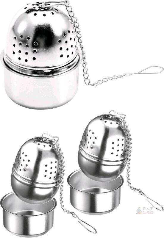 3 New Oval Tea Infusers / Tea Balls With Catch-Cups, Stainless Steel Diameter 4.3 cm