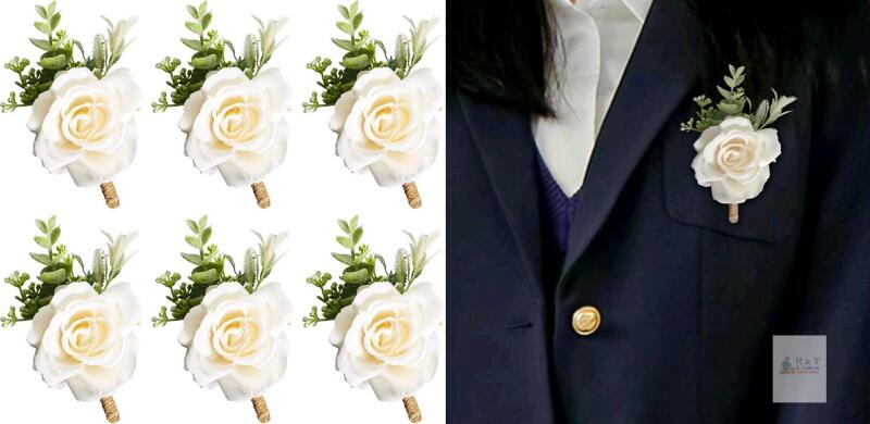 New Ivory Rose Boutonniere for Men Wedding Set of 6 Groom Groomsmen Best Man Artificial Flowers Boutonniere for Wedding Ceremony Anniversary Prom Flowers Formal Dinner Party (6, White)