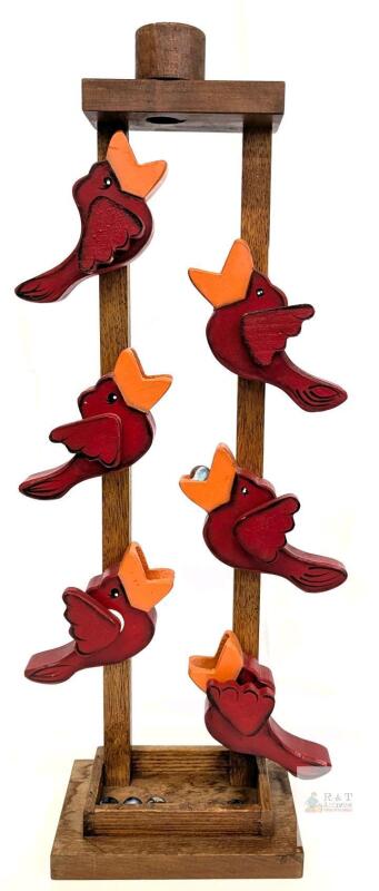 Handmade Folk Art Wooden Cardinal Bird Dropper Marble Run / Kinetic Art 21.25" Tall