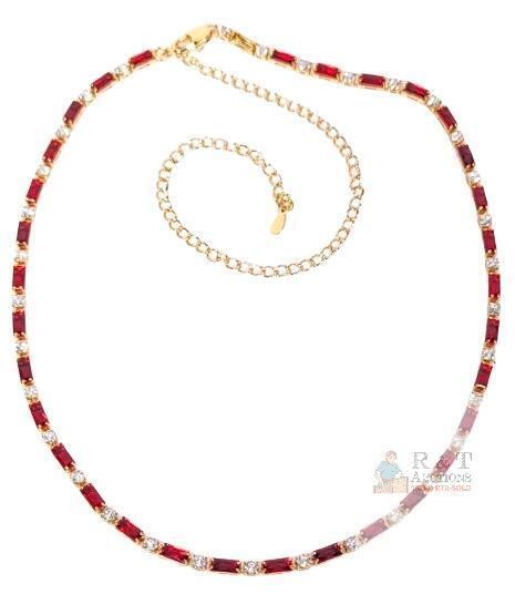 Vibrant Red & Clear Stone Tennis Line Necklace, 13.25" Long With 6.5" Extension, Non-Magnetic, No Stamps Found