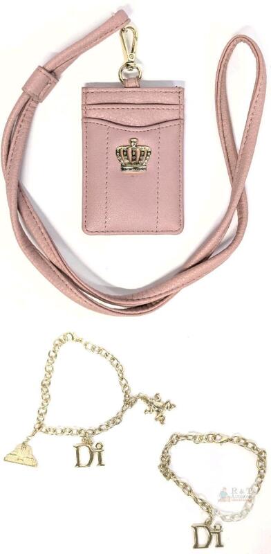 Pair of Vintage 6.5" Long DI Charm Bracelets With Frog & Pyramid Charms & Juicy Couture ID & Card Holder on Lanyard PU Leather