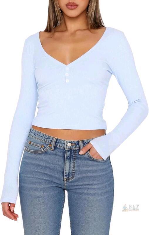 New Size MED Women's Usewon V Neck Long Sleeve Shirt Fall Henley T Shirts Button Ribbed Knit Slim Fit Basic Y2K Going Out Crop Tops