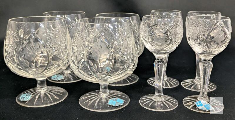 8pcs Vintage Sears "Country Rose" Cut Crystal : 4 Brandy Snifters 4.6" & 4 Liqueurs / Cordials Glasses 4.7" , No Chips or Cracks