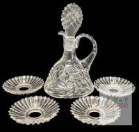 4 Vintage 3.5" Bob&egrave;che (Candle Wax Catchers) & 7.75" Tall Pinwheel Crystal Cruet With Intact Stopper