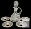 4 Vintage 3.5" Bob&egrave;che (Candle Wax Catchers) & 7.75" Tall Pinwheel Crystal Cruet With Intact Stopper