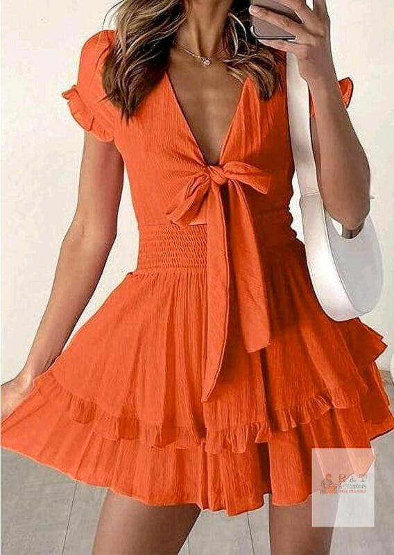New Size SMALL Women's Pretty Garden Loose Flowy V Neck Tie Front Summer Dress, Lined, Light Blue