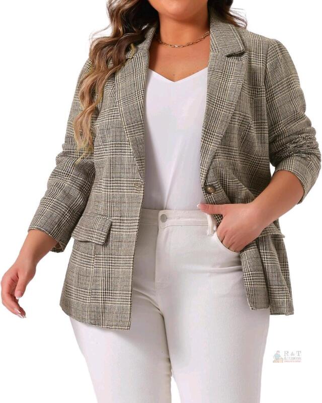 New Size 4XL Women's Agnes Orinda Plus Size Blazer Suit for Women Notch Lapel One Button Work Office Plaid Blazer Jacket