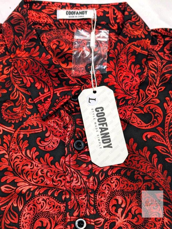New Size LG Men's Coofandy Luxury Design Metallic Red Paisley Long Sleeve Dress Shirt