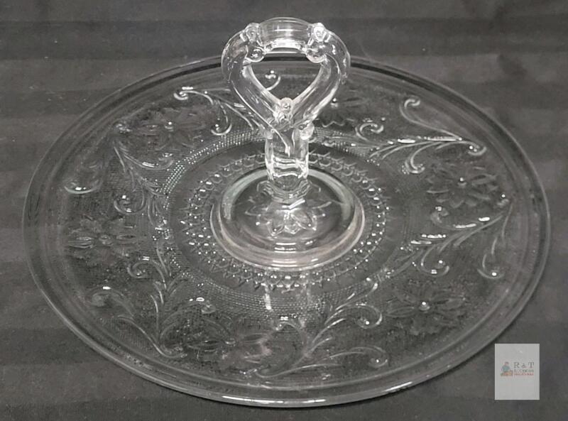 Vintage Sandwich Glass by Tiara Handled Cake Plate with Floral Pattern, 11" Diameter