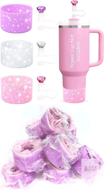 [Vendor Special] 10 New Etyishe Cup Accessories Sets : 3 Glitter Silicone Boots, 3 Pcs Diamond Straw Cover for Cup Accessories, Compatible with 30 1.2 Stanley-Style Tumbler Glasses