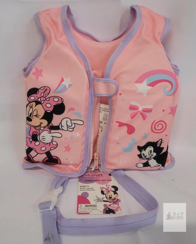new Disney Minnie Mouse Fabric Swim Vest S/M, 20" Chest, 40lb Max, Pink, Ages 1+, Zipper & Strap