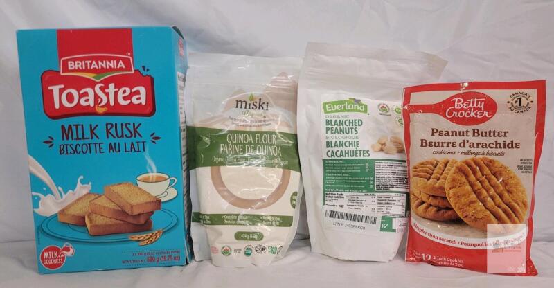 Britannia Milk Rusk 560g, Miski Quinoa Flour 454g, Everland Blanched Peanuts 400g, Betty Crocker Cookie Mix bb 2025-26