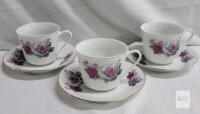 Set of 3 Chinese Porcelain Tea Cups & Saucers, Floral Rose Pattern, Gold Rim, 1980s-1990s