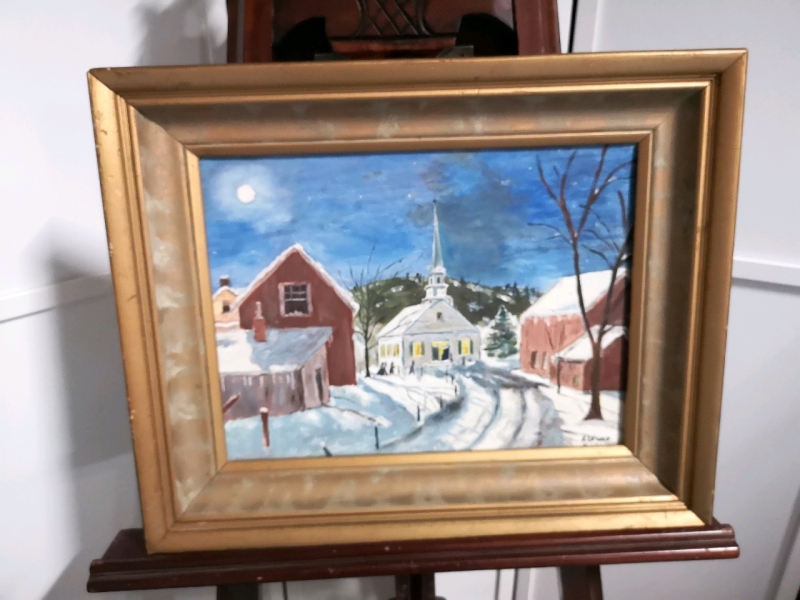 Vintage Framed Painting Winter Night Church Scene - Signed