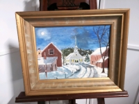 Vintage Framed Painting Winter Night Church Scene - Signed
