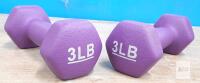 Pair of 3 lb (1.36 kg) Purple Hex Neoprene Dumbbells, Cast Iron Core, Anti-Roll Design