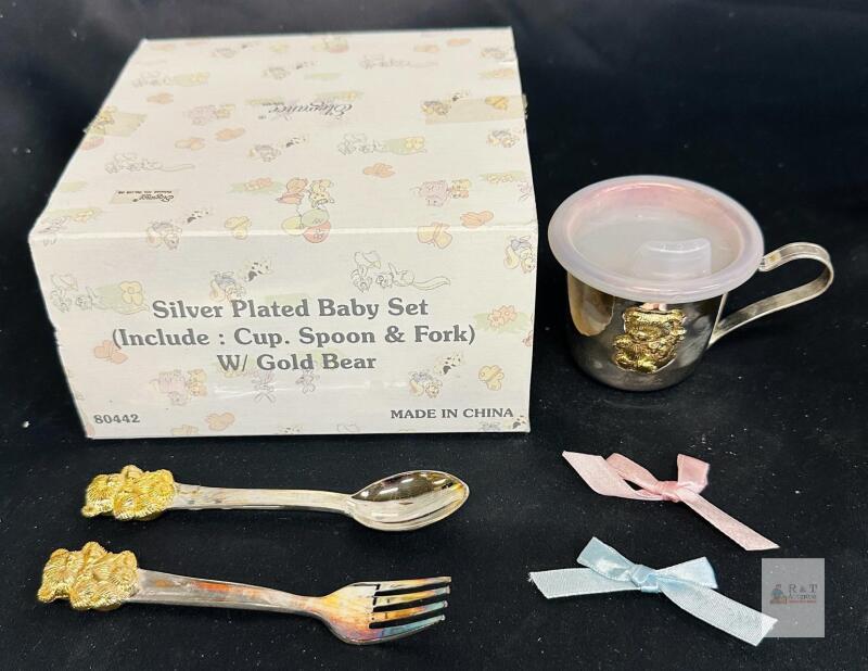 Silver-Plated Baby Feeding Set with Gold Bear Accents, Includes Cup, Spoon, Fork, and Ribbons