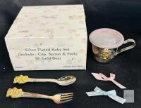 Silver-Plated Baby Feeding Set with Gold Bear Accents, Includes Cup, Spoon, Fork, and Ribbons