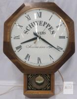 Vintage United Clock Corp. SCHWEPPES MIXERS Electric Wall Clock, Chime, Wood Case, c.1960s-70s