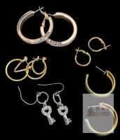 5 Pairs Pierced Earrings : Large Rosegoldtone GUESS Rhinestone Hoop Earrings 1.25" Diameter, Non-Magnetic Double Loop Earrings, Hoop & Half-Hoop Earrings, Dangly Keys
