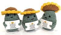 3 New 3.5" Positive Affirmations Olush Crochet Flowers With Signs & Stands