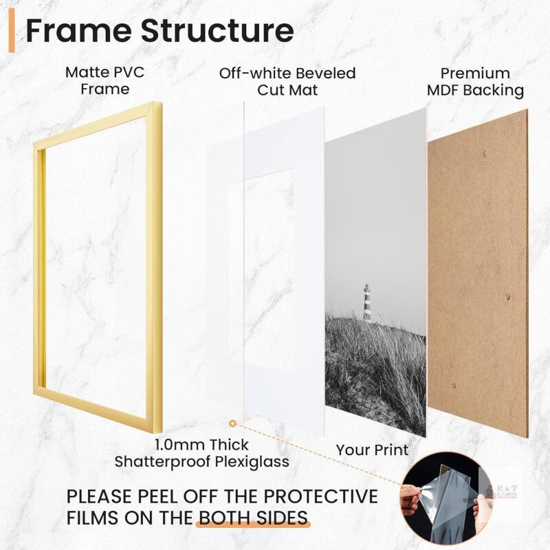 New 16x24 inch Gold Metal Poster Frame - 16 x 24 Thin Aluminum Picture Frame Matted for 12x18 Photos, Artworks, Prints, Puzzle - High Definition Plexiglass - Vertical and Horizontal Display - Wall Hook