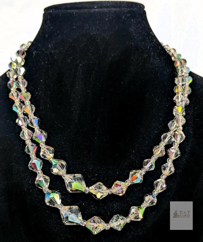 Vintage AB Aurora Borealis Clear Crystal Double Strand Necklace, Box Clasp Likely Sterling (Non-Magnetic, Takes Polish), No Stamps Found, 17" Long