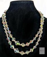 Vintage AB Aurora Borealis Clear Crystal Double Strand Necklace, Box Clasp Likely Sterling (Non-Magnetic, Takes Polish), No Stamps Found, 17" Long