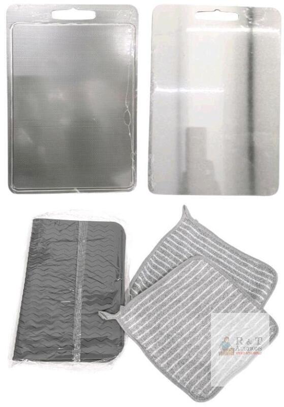 New Double-Sided Titanium Cutting Board, Smooth On One Side Pattern On Other, 14" &times; 10", Includes 2 Hanging Microfiber Dish Cloths & Silicone Drying Mat