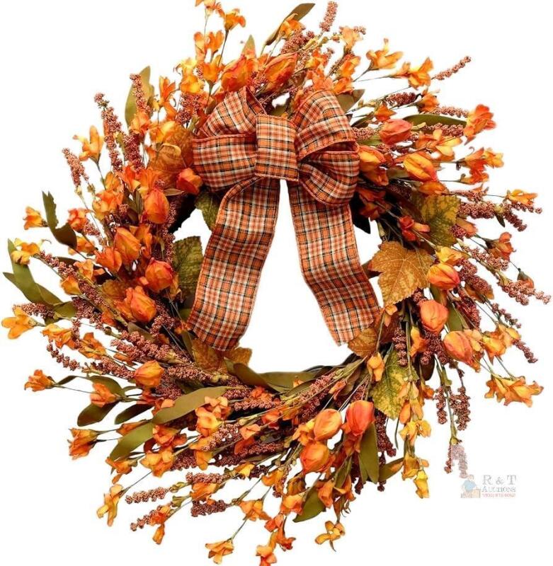 New Tempus 18" Artificial Fall Wreath, Autumn Decoration with Berries & Leaves, Thanksgiving Harvest Front Door Wreath for Home Farmhouse Halloween Thanksgiving Day Festival Celebration Decor